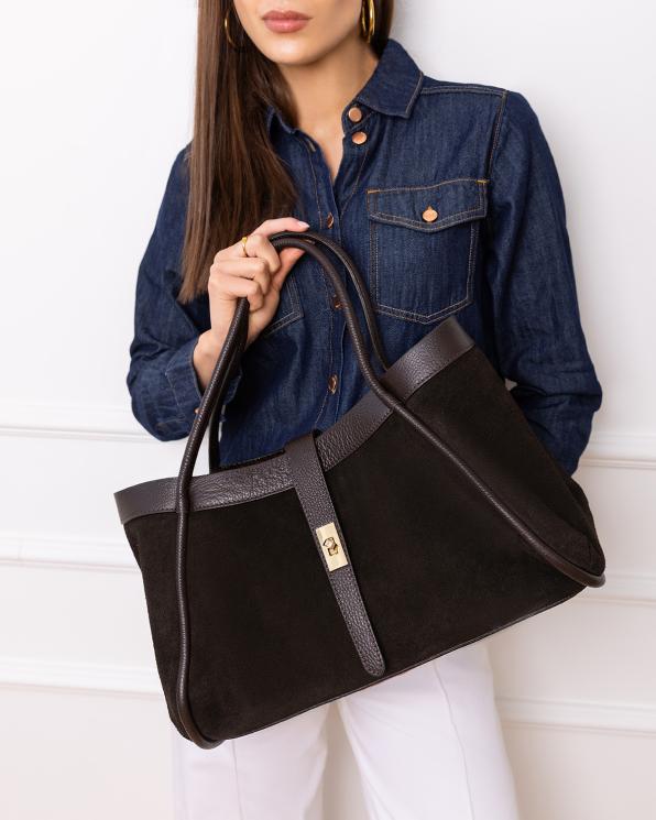Czekoladowa duża torba typu shopper zamszowa 154-9566-CZEKOLADA