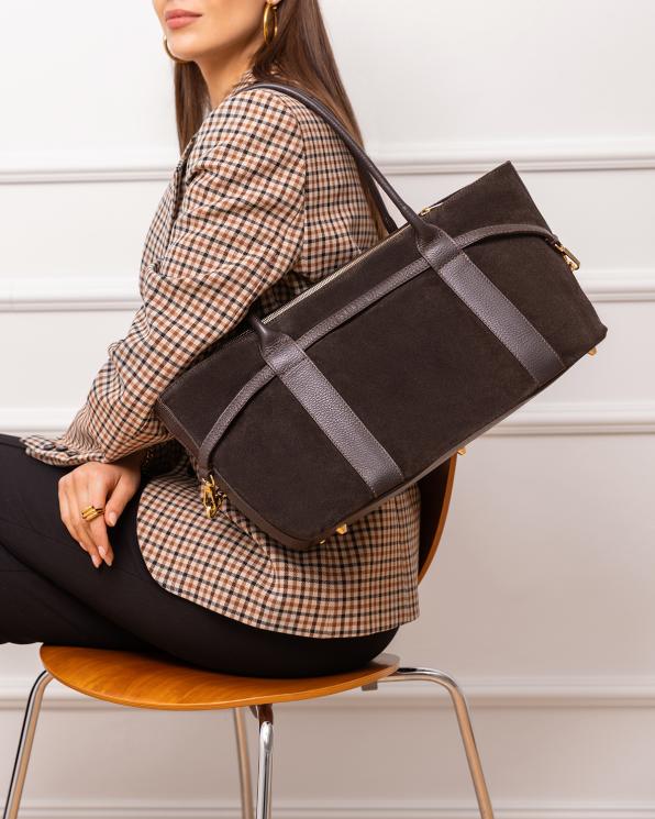 Czekoladowa duża torebka damska zamszowa na ramię 154-8176-CZEKOLADA