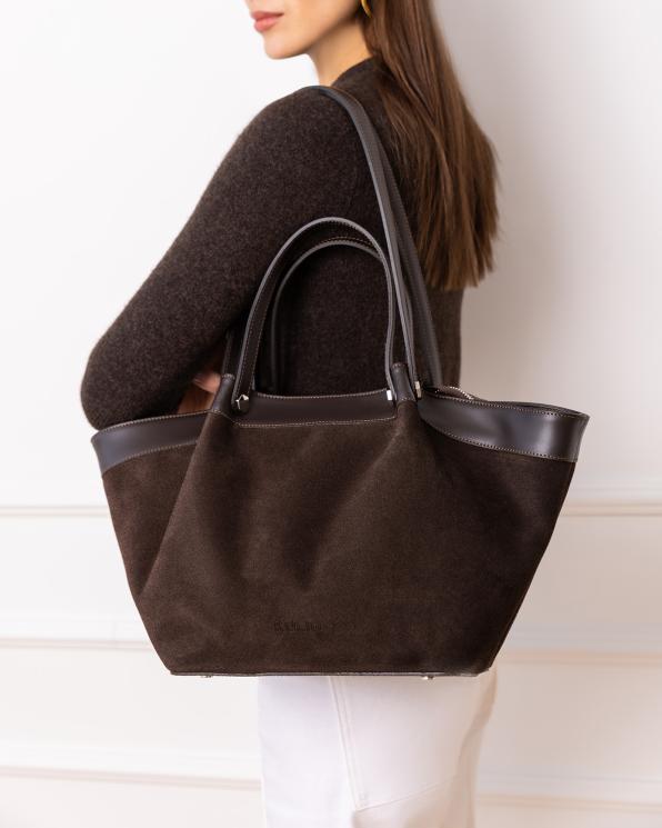 Ciemnobrązowa duża torebka shopper ze skóry zamszowej 154-6766-CZEKOLADA