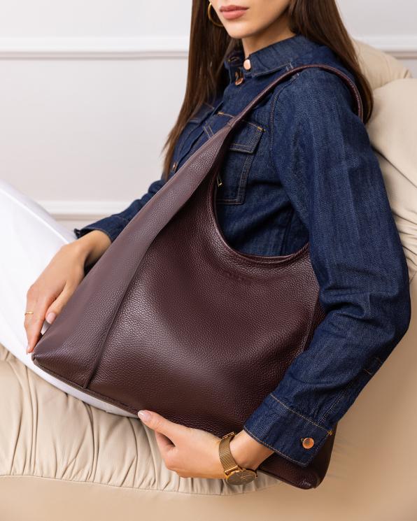Bordowa duża torebka typu hobo z naturalnej skóry licowej 154-6076-BORDO
