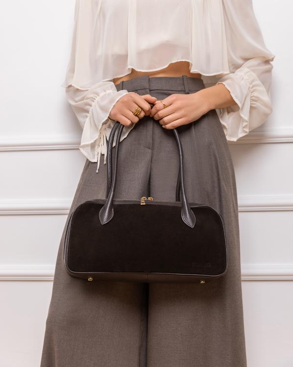 Czekoladowa torebka kuferek ze skóry zamszowej 154-3666-CZEKOLADA