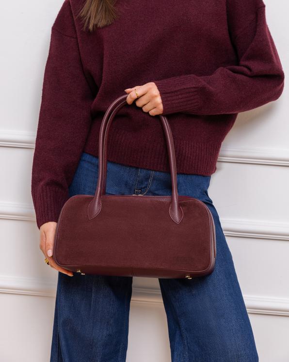 Bordowa torebka kuferek z naturalnej skóry zamszowej 2154-3666-BORDO