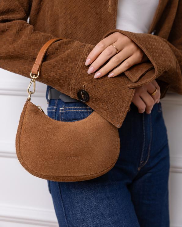 Ruda mała torebka typu hobo ze skóry zamszowej 154-3076-RUDY