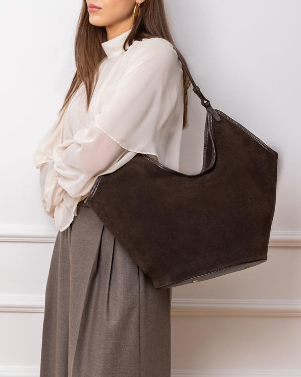 Ciemnobrązowa duża torebka damska zamszowa 154-1566-CZEKOLADA