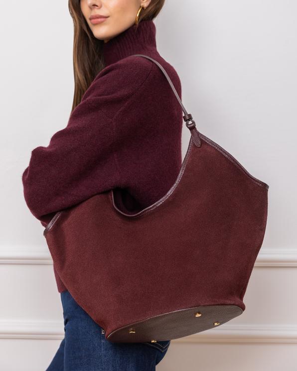 Bordowa torba damska z naturalnej skóry zamszowej 154-1566-BORDO