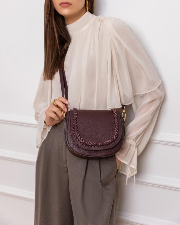 Bordowa mała torebka damska skórzana z warkoczem 154-0626-BORDO