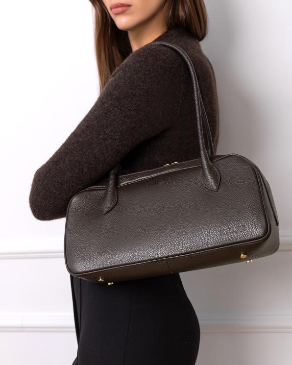 Ciemnobrązowa duża torba kuferek ze skóry licowej 154-0266-CZEKOLADA