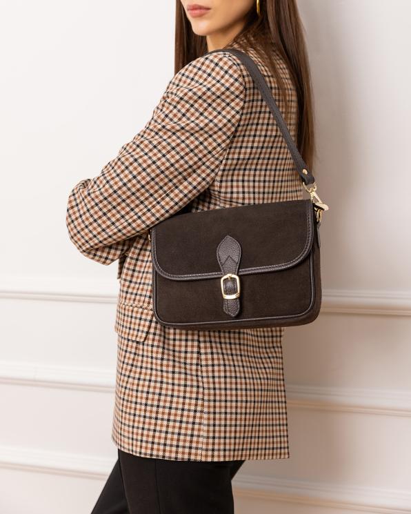 Ciemnobrązowa torebka damska z naturalnej skóry zamszowej 154-8156-CZEKOLADA