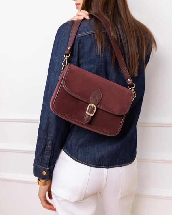 Bordowa torebka damska ze skóry zamszowej z klapką 154-8156-BORDO