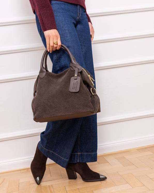 Czekoladowa duża torba damska zamszowa 154-5046-CZEKOLADA