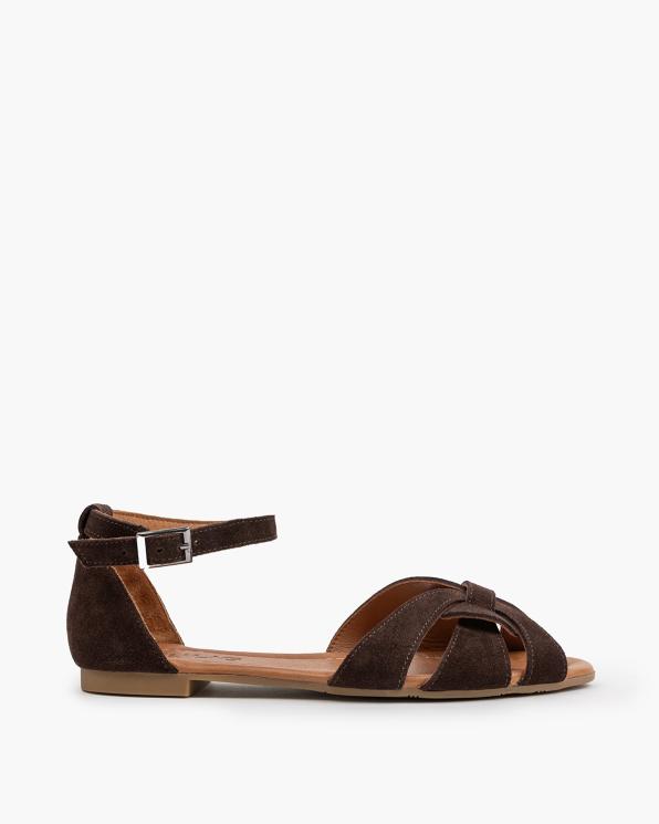 Czekoladowe sandały damskie ze skóry zamszowej na niskim obcasie 145-2043-CZEKOLA