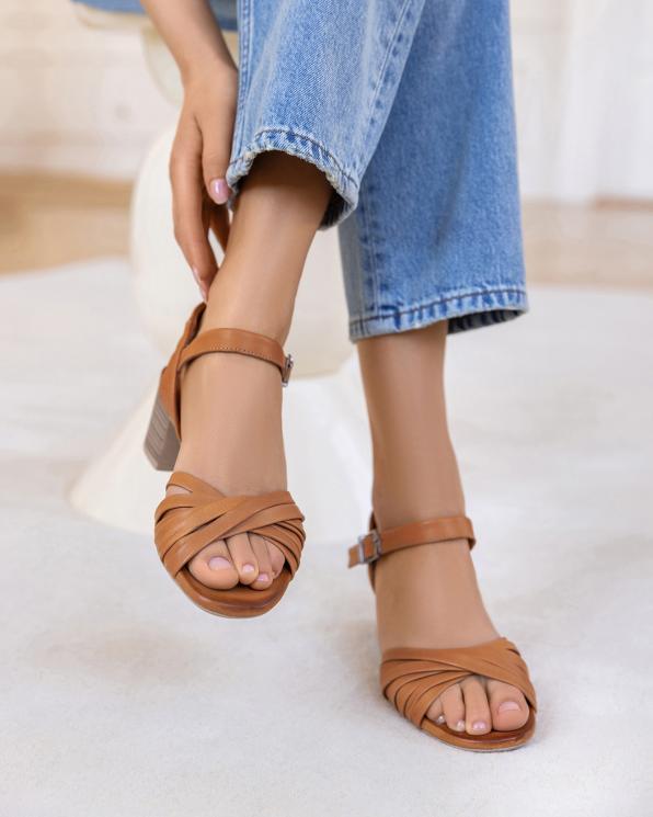 Rude sandały damskie skórzane na słupku z plecionym przodem 145-1307-RUDY