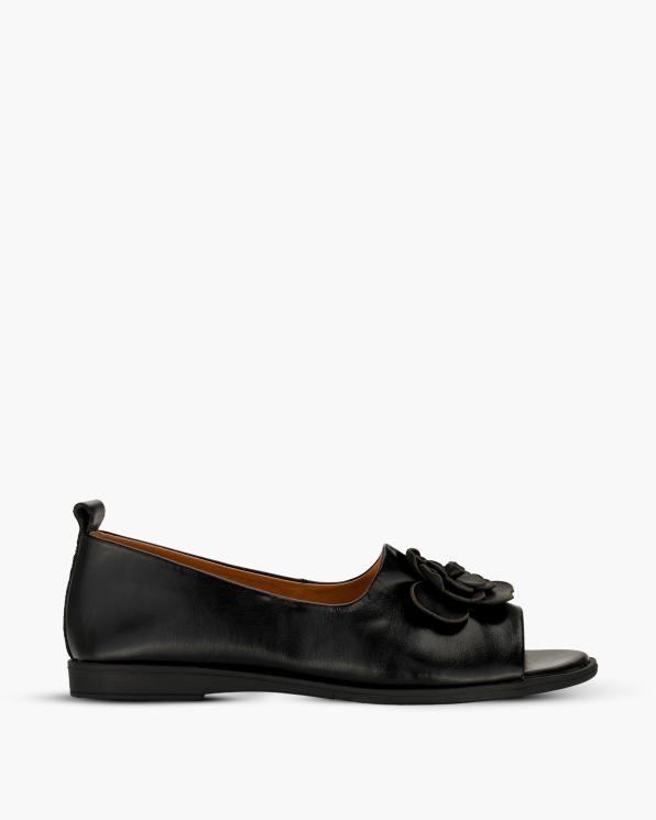 Czarne baleriny damskie ze skóry licowej open toe z kwiatem 139-25491-CZARNY