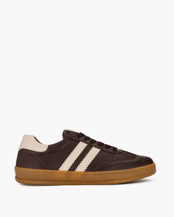 Brązowe adidasy damskie ze skóry licowej z beżowymi paskami 165-00552-BR-BEŻ