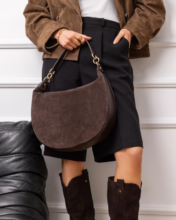 Czekoladowa duża torebka damska zamszowa na ramię 154-2009-CZEKOLADA