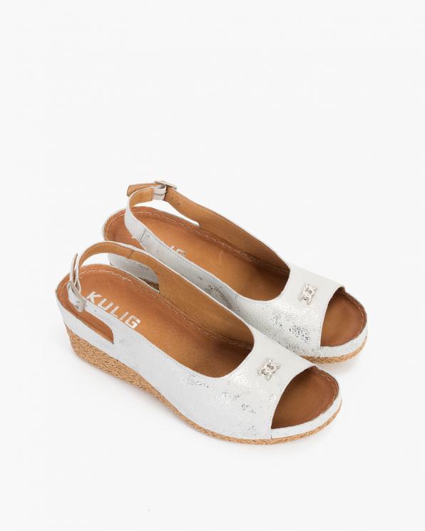 Biało-srebrne sandały damskie nubukowe na koturnie  043-085-BIAŁO-SR