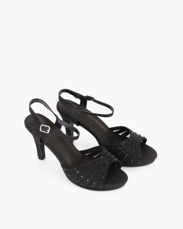 Czarne sandały damskie materiałowe z cyrkoniami na szpilce  131-8301-33-CZAR