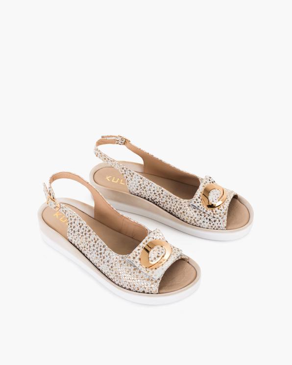 Biało-złote sandały damskie skórzane na koturnie  043-256-ZŁ-BIAŁY