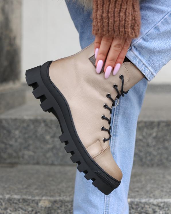 Beżowe trapery damskie sznurowane ze skóry licowej 139-07391-BEŻ