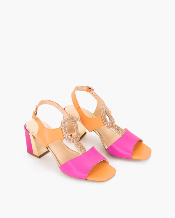 Pomarańczowo-różowe sandały damskie skórzane na słupku  058-5257-F-13