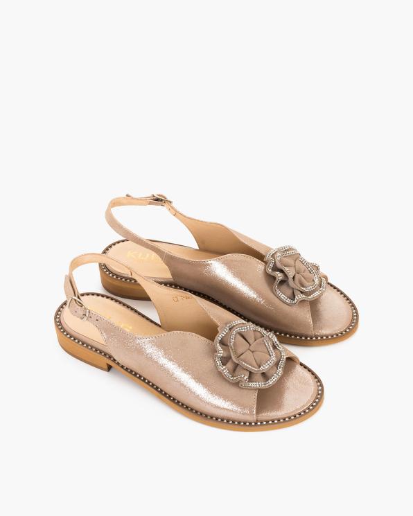 Beżowe sandały damskie ze skóry nubukowej z cyrkoniami  058-8457-C-29