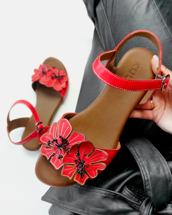 Czerwone sandały damskie skórzane z kwiatami  078-2204-CZERWON